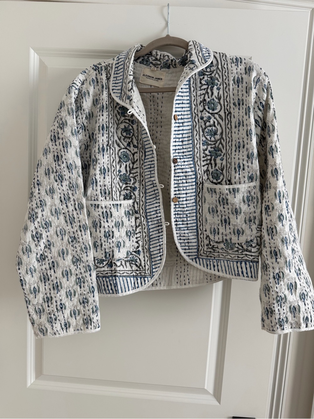 White & Blue Embroidered Quilted Jacket